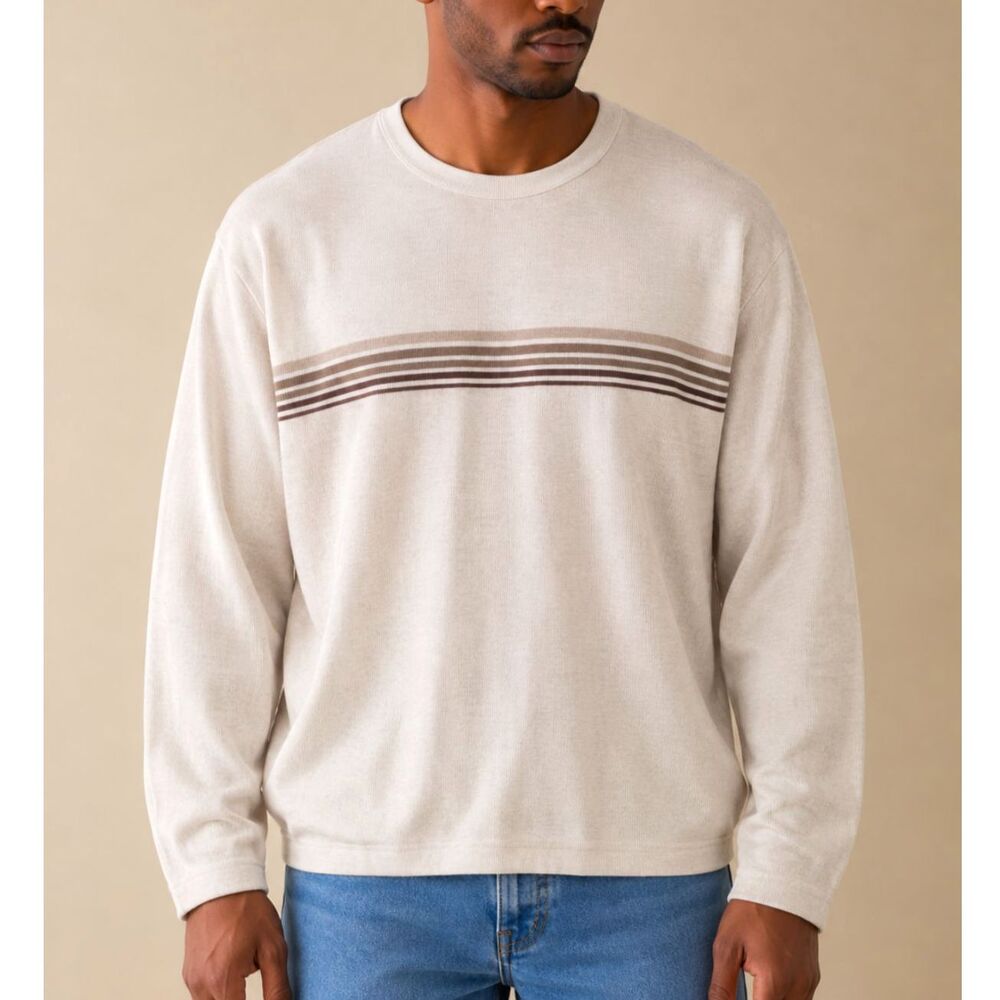 Vintage Brandini Men Sweater Size XL Tall Beige Brown Vertical Stripes Pullover